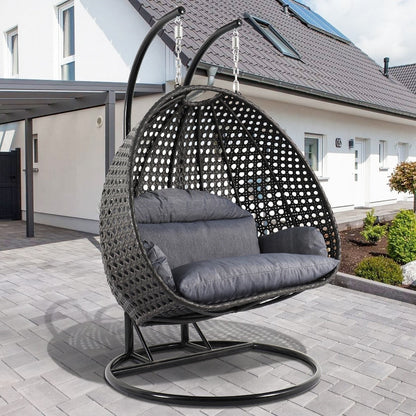 LeisureMod 2 Person Hanging Egg Chair with Stand - Outdoor/Indoor Rattan Wicker Patio Swing Hammock Lounger with Cushions