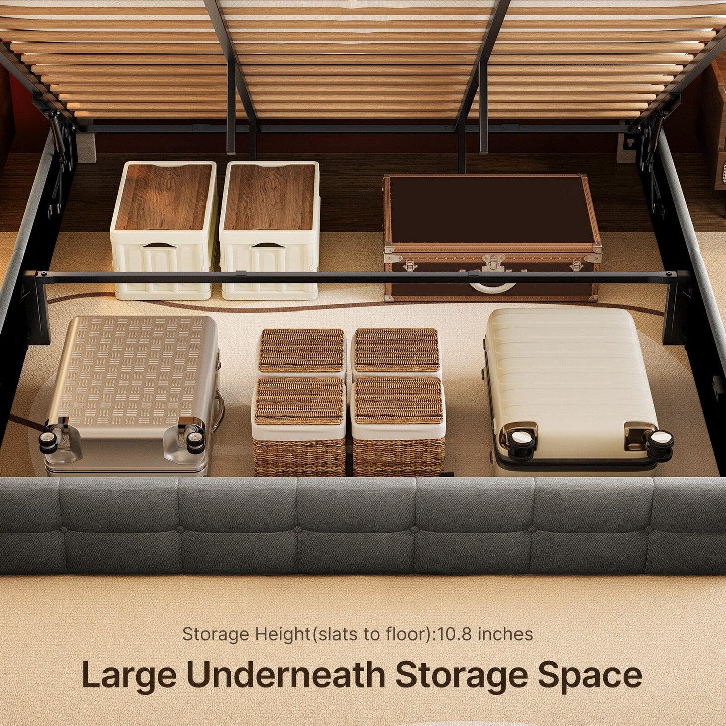 Lift Up Storage Bed Frame, Upholstered Platform Bed Frame with Hydraulic Storage System and Headboard