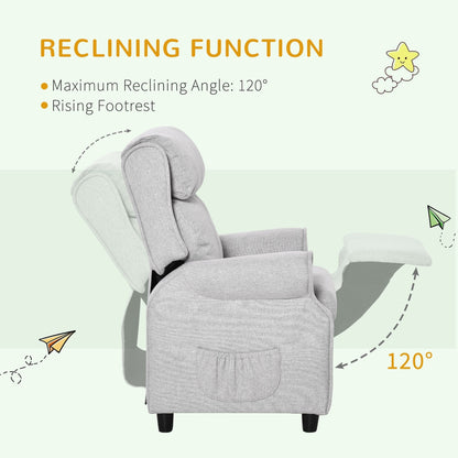 Light Grey Kids Children Upholstered Manual Recliner for 3-5 Years with Footrest and 2 Side Pockets