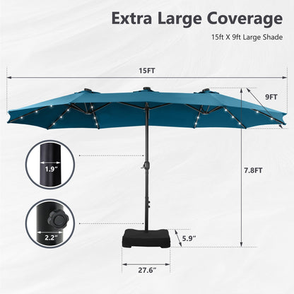 MAISON ARTS 15-foot Rectangular Crank Double-sided Outdoor Market Umbrella Solar LED Lighted Patio Umbrella with Base Included