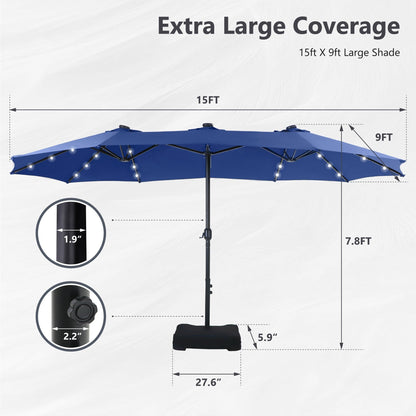 MAISON ARTS 15-foot Rectangular Crank Double-sided Outdoor Market Umbrella Solar LED Lighted Patio Umbrella with Base Included