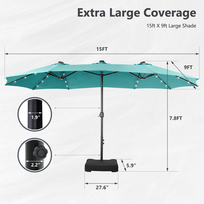 MAISON ARTS 15-foot Rectangular Crank Double-sided Outdoor Market Umbrella Solar LED Lighted Patio Umbrella with Base Included