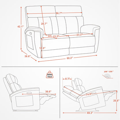MCombo 60.2 Power Loveseat Recliner Sofa with Massage and Dual Heating, Adjustable Headrest, USB & Type C Port, Fabric
