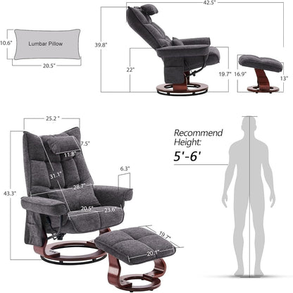 MCombo Set of 2 Swivel Recliner with Ottoman and Neck Pillow,Chenille Fabric