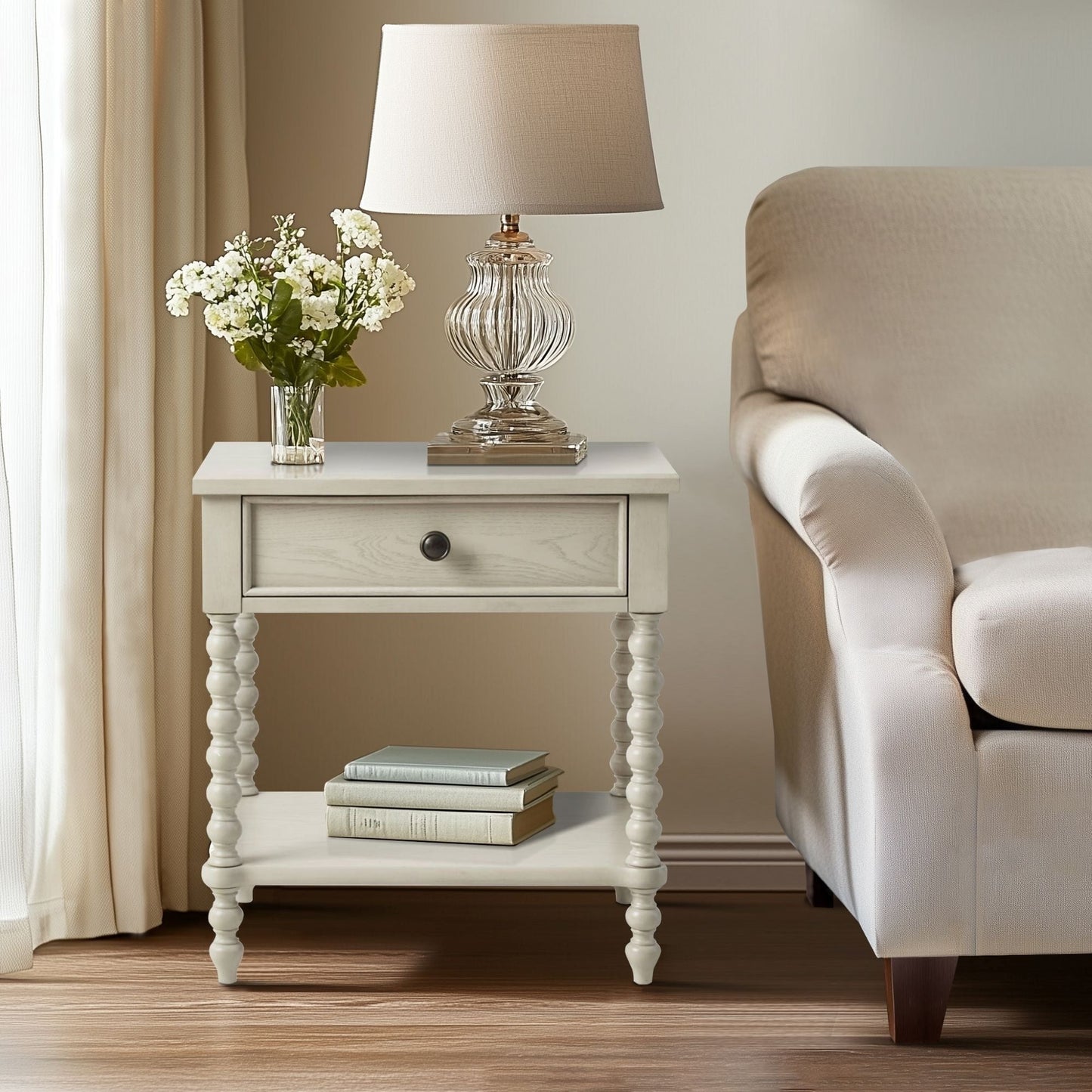 Madison Park Signature Beckett Turned Wood Spindle Nightstand with Drawer & Shelf