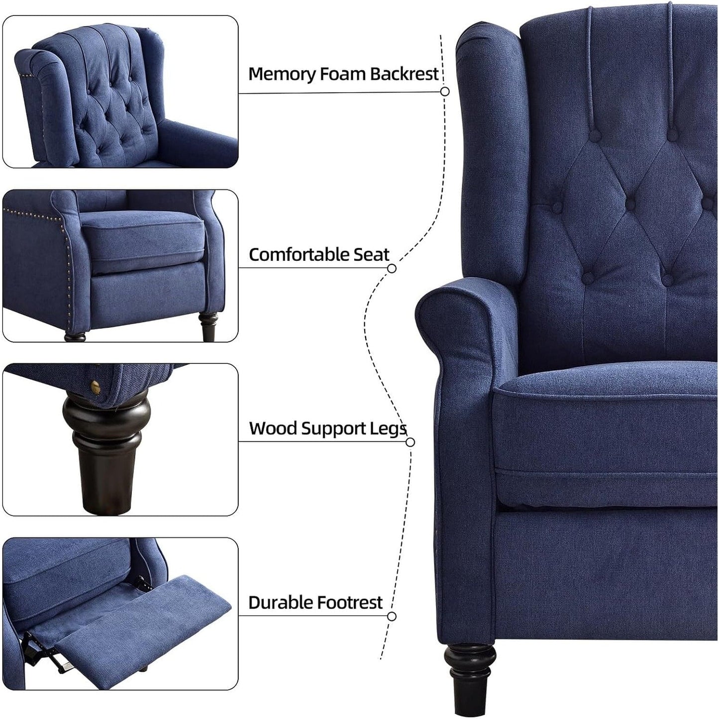 Pushback Recliner Chair, Fabric Armchair Push Back Recliner with Rivet Decoration, Single Sofa Accent Chair