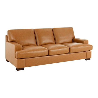 Modern Genuine Leather Sofa with Wooden Legs & Additional Bolster Pillow