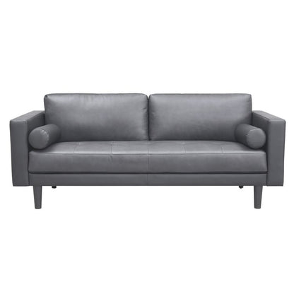 Modern Genuine Leather Sofa with Wooden Legs & Additional Bolster Pillow