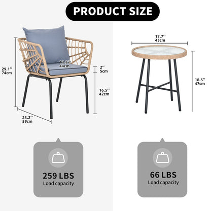 Moasis 3 Pieces Outdoor Wicker Furniture Patio Bistro Set with 2 Chairs and Coffee Table