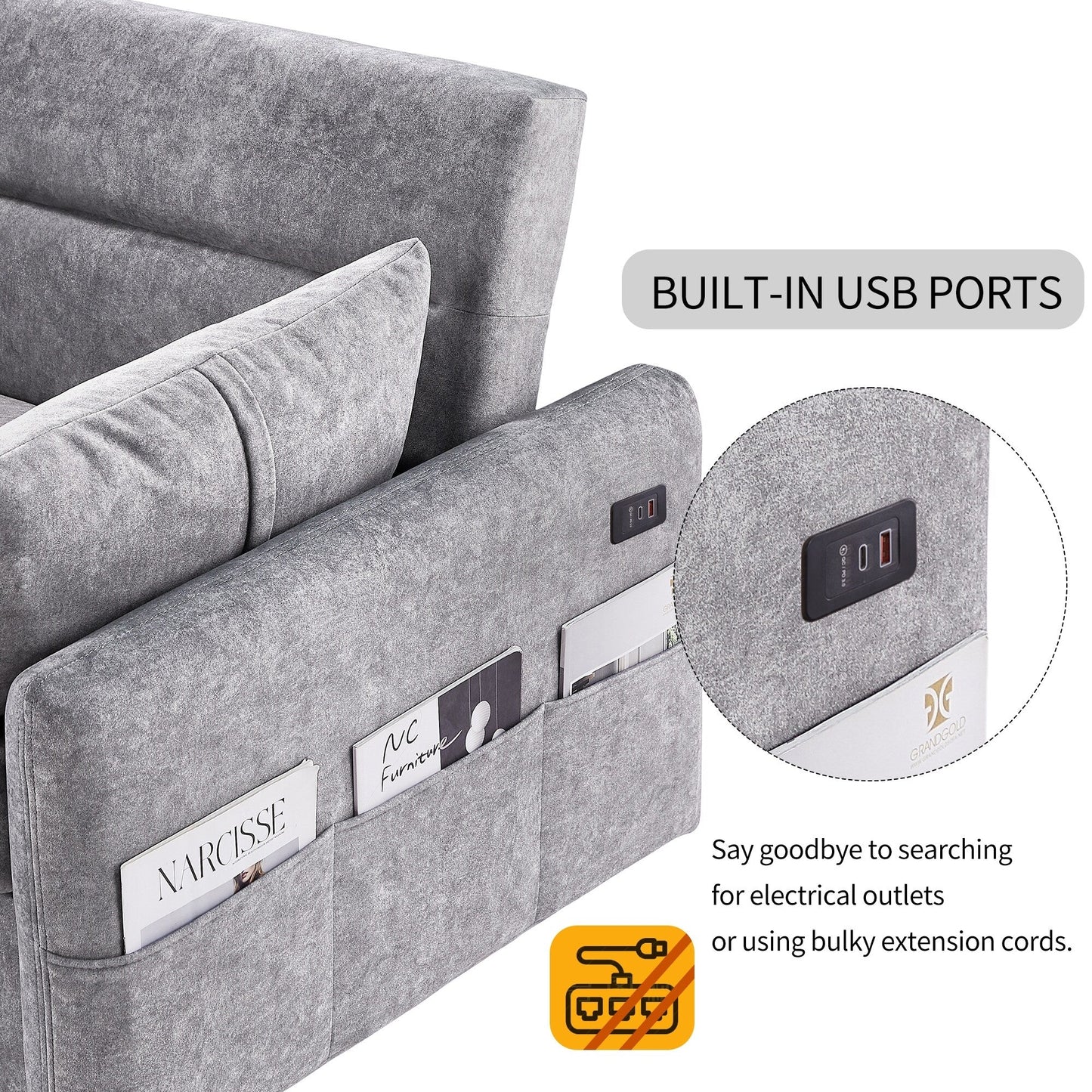 Modern 2 Seat Couch, Microfiber Pull Out Sleep Sofa Bed wih Adjsutable Backrest, Storage Pockets, 2 Soft Pillows, USB Ports
