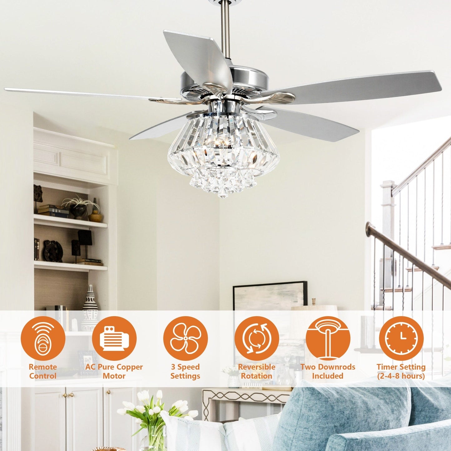 Modern Chrome 52-inch Crystal Chandelier Ceiling Fan with Remote