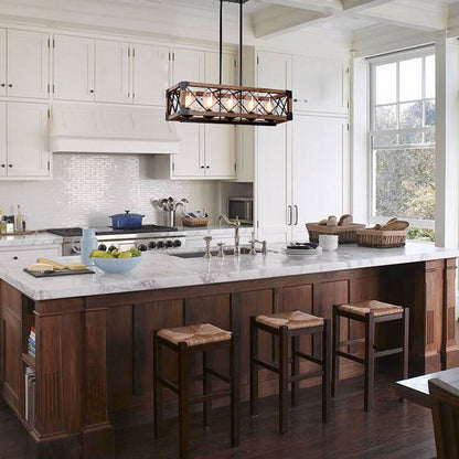 Modern Farmhouse 5-Light Wood Rectangle Chandelier Seeded Glass Kitchen Island Lights for Dining Room - 31.5 L x 8.75 W x 8 H