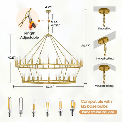 Modern Farmhouse Chandelier 2 Tier Round Wagon Wheel Chandelier Large High Ceiling Light.