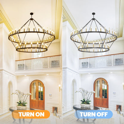 Modern Farmhouse Chandelier 2 Tier Round Wagon Wheel Chandelier Large High Ceiling Light.
