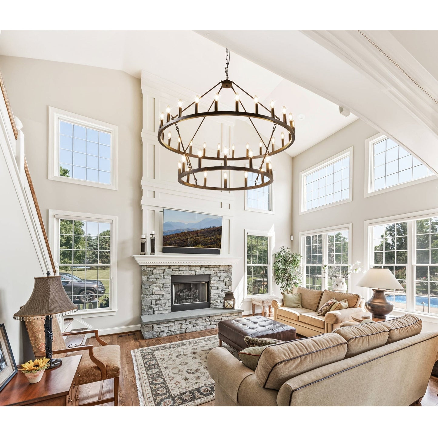 Modern Farmhouse Chandelier 2 Tier Round Wagon Wheel Chandelier Large High Ceiling Light.