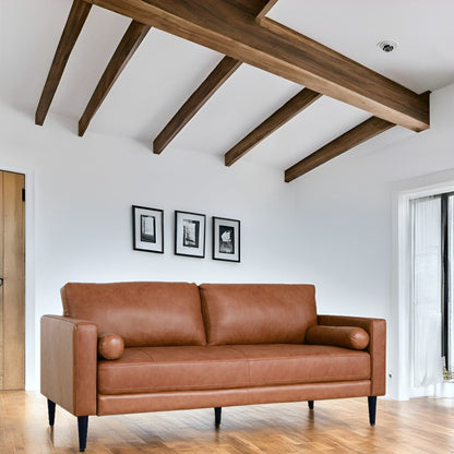 Modern Genuine Leather Sofa with Wooden Legs & Additional Bolster Pillow