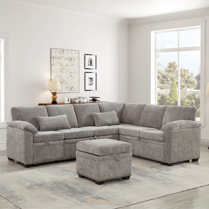 Modern L-Shaped Chenille Sectional Sofa with Pull-Out Sleeper, Storage Seats, Ottoman and 2 Pillows for Living Room