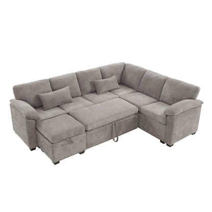 Modern L-Shaped Chenille Sectional Sofa with Pull-Out Sleeper, Storage Seats, Ottoman and 2 Pillows for Living Room