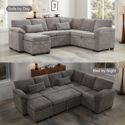 Modern L-Shaped Chenille Sectional Sofa with Pull-Out Sleeper, Storage Seats, Ottoman and 2 Pillows for Living Room