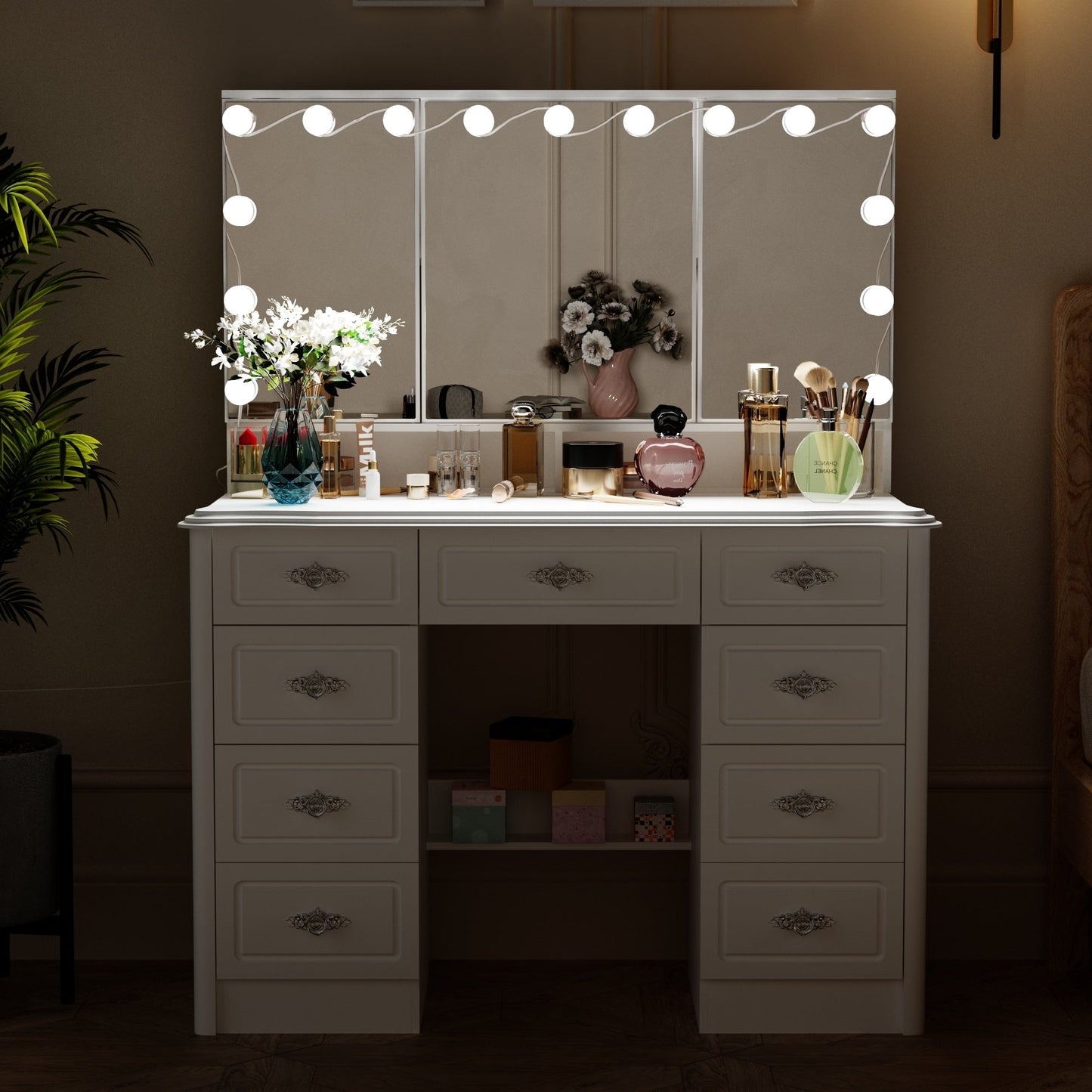 Modern White Makeup Vanity Fold Mirror Adjustable Lighting Dressing - 40.2x54.1
