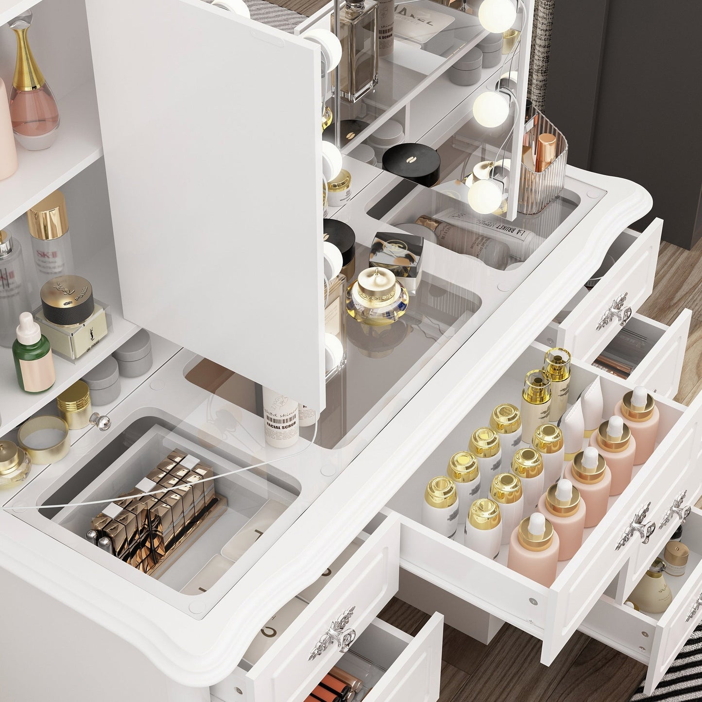 Modern White Makeup Vanity Fold Mirror Adjustable Lighting Dressing - 40.2x54.1