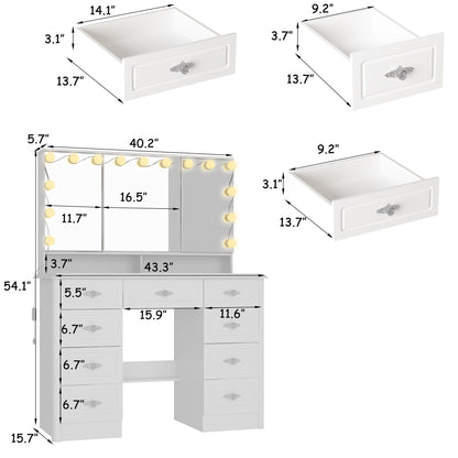 Modern White Makeup Vanity Fold Mirror Adjustable Lighting Dressing - 40.2x54.1