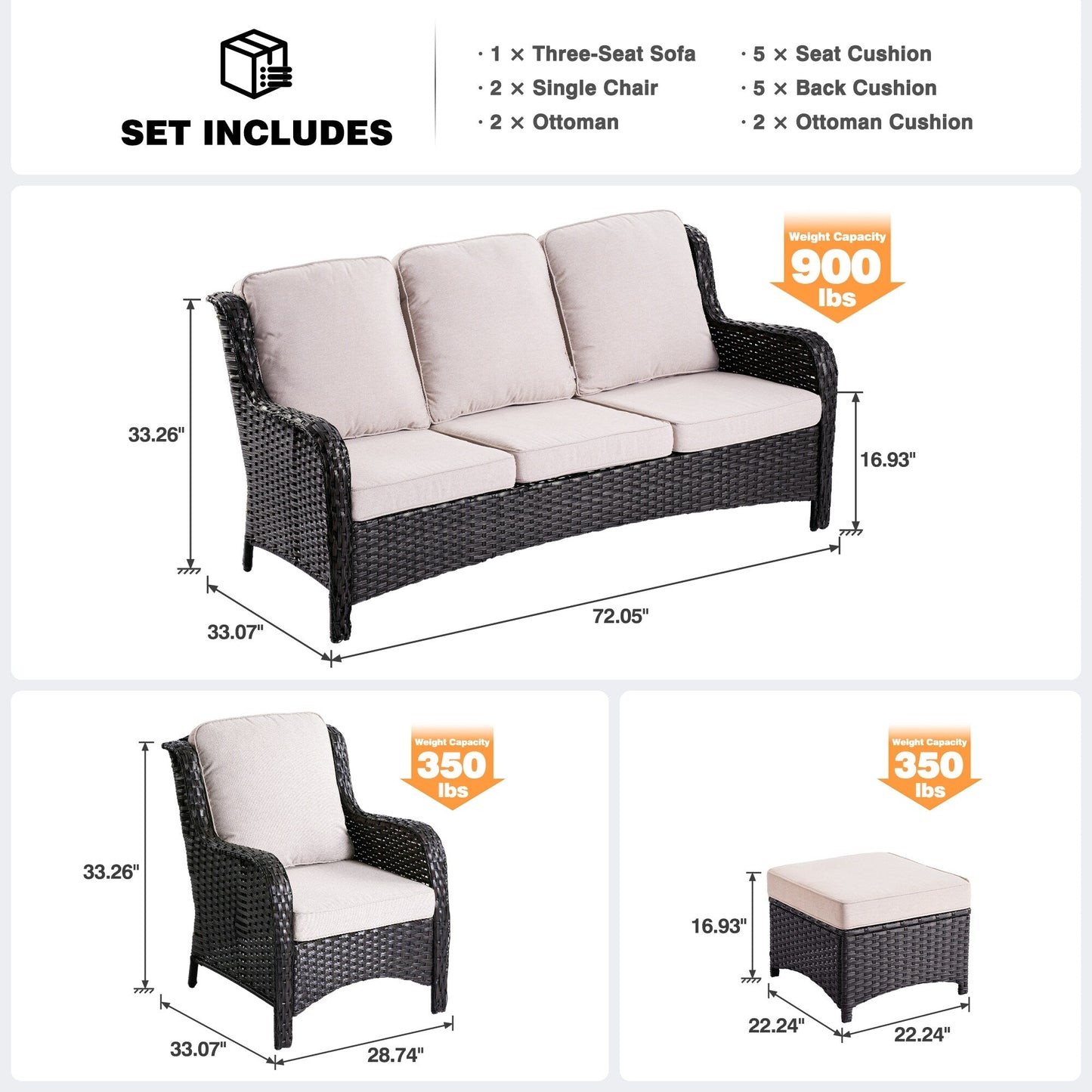 OVIOS 5-piece Patio Wicker High Back Conversation Set