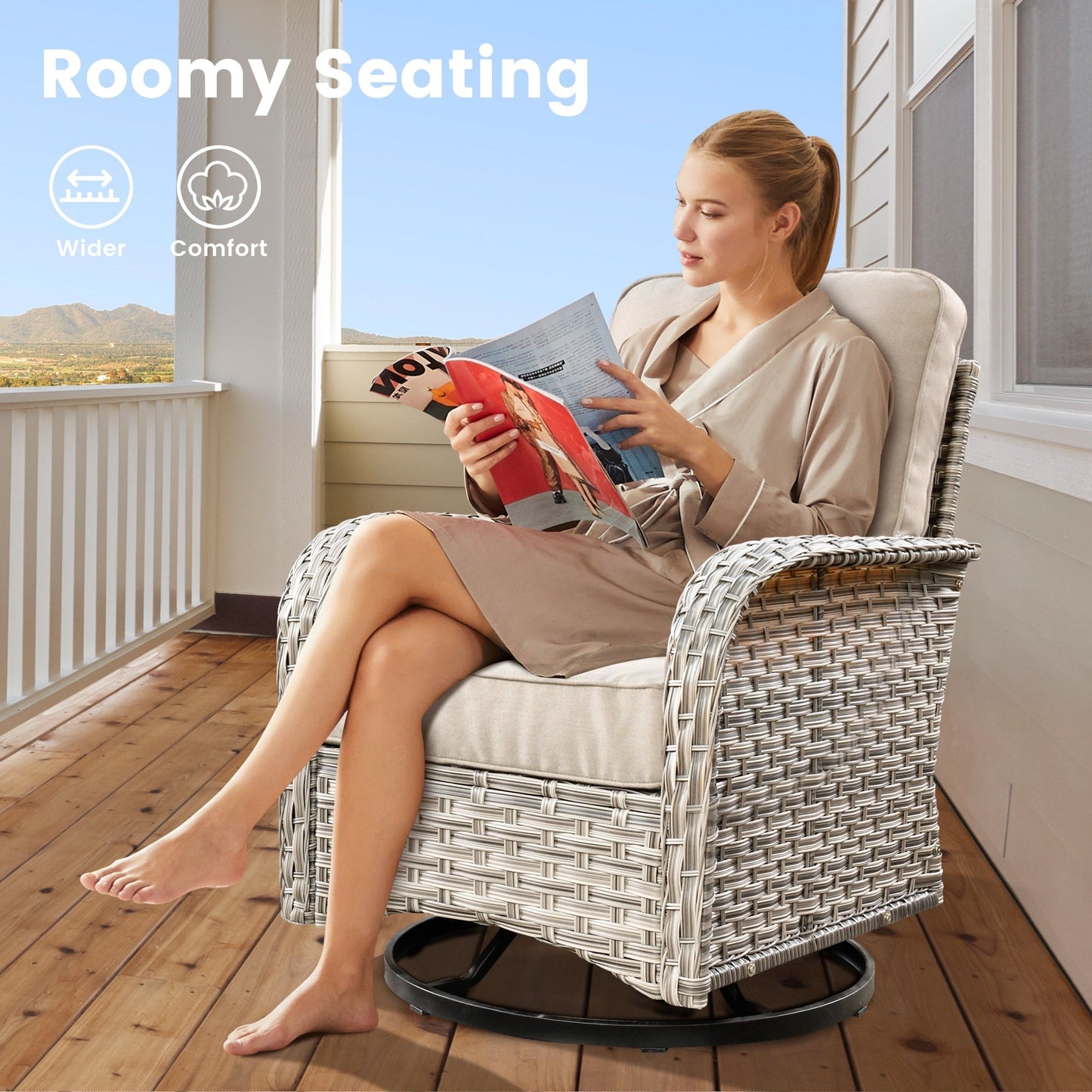 OVIOS 9 Pieces Outdoor Wicker Swivel Chair Set With Fire Table