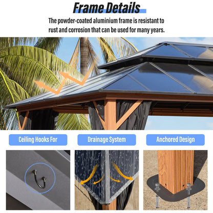 EROMMY Hardtop Gazebo,Outdoor Pergola with Double Roof & Netting & Curtains,Heavy Duty Canopy for Patio, Backyard, Pool party