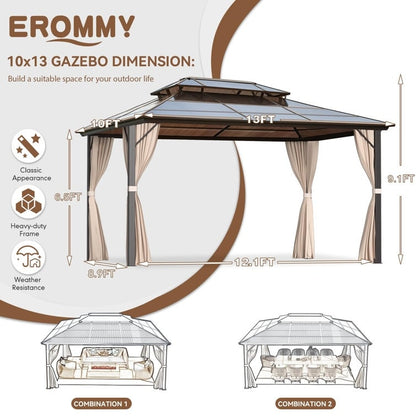 Hardtop Gazebo for Backyard – Permanent Pergola with Netting, Curtains & Double Roof, All-Weather Outdoor Shelter