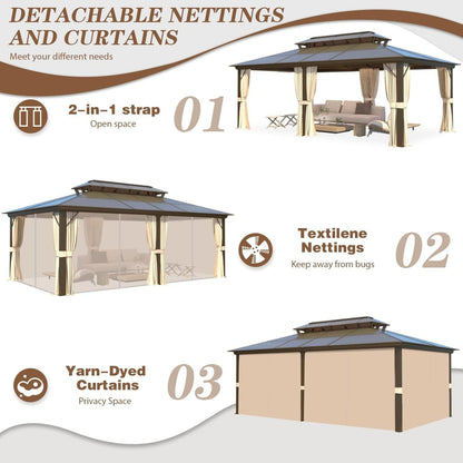 Hardtop Gazebo for Backyard – Permanent Pergola with Netting, Curtains & Double Roof, All-Weather Outdoor Shelter