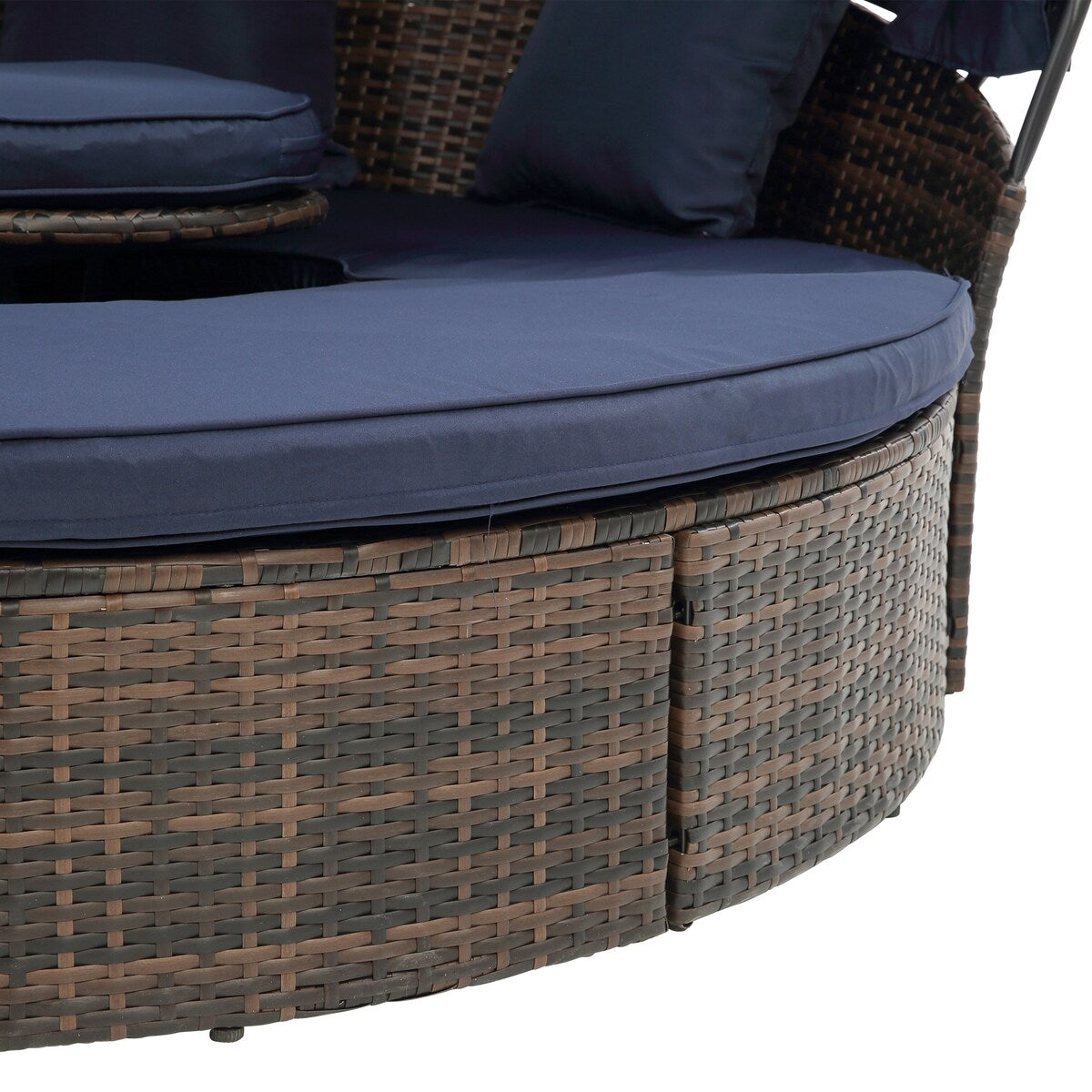 Outdoor Rattan Round Canopy Daybed with Lift Coffee Table, Navy Blue Deep Seating Sofa Bed with Pillows and Washable Cushions
