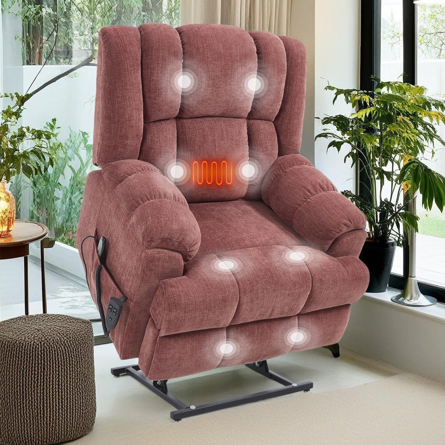 Oversized Chenille Power Lift Recliner Chair with Massage and Lumbar Heating, Infinite Position Reclining