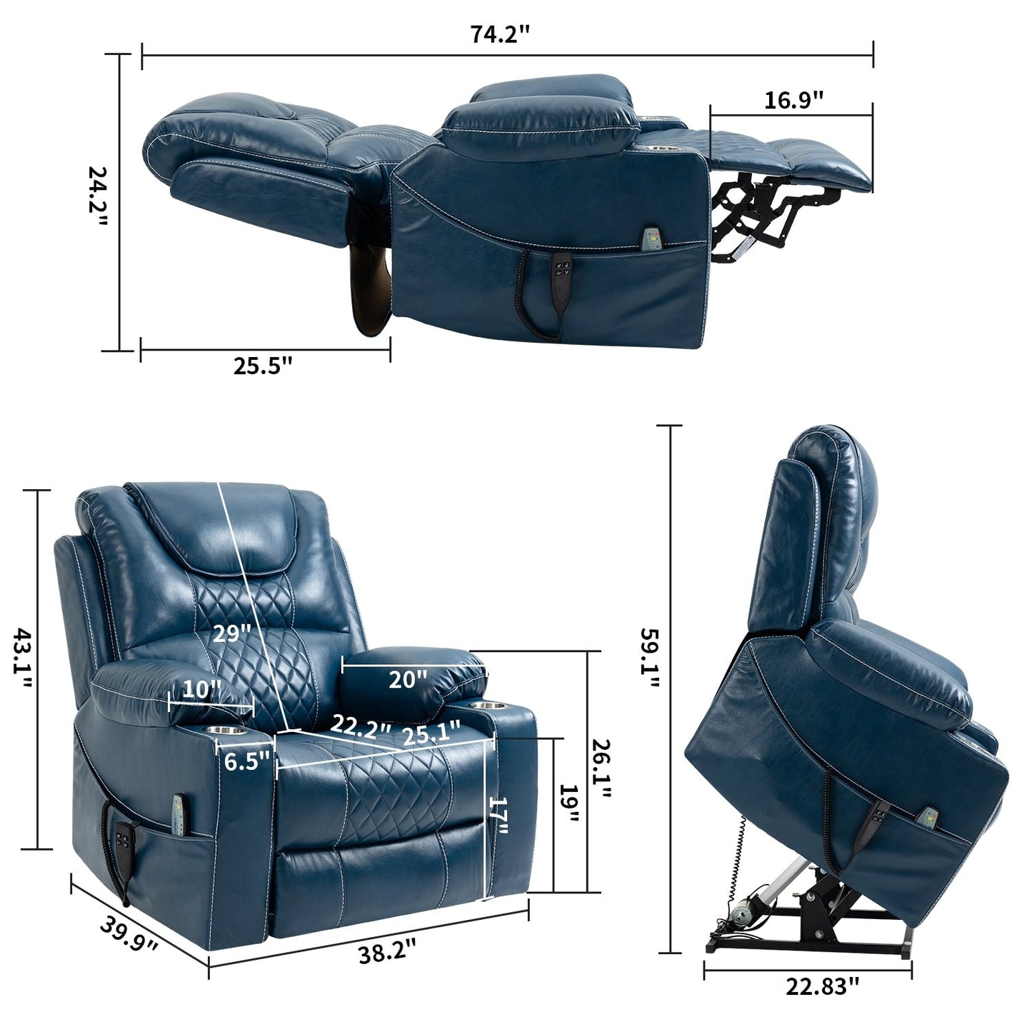 Oversized PU Leather Power Lift Recliner with Massage, Lumbar Heating, Cup Holder, 180° Flat Lay