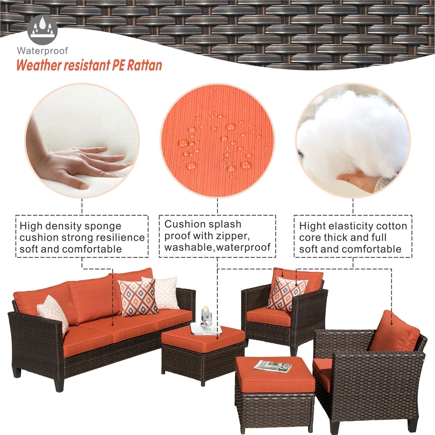 OVIOS 5-piece Patio Furniture Wicker Outdoor High-back Seating Set