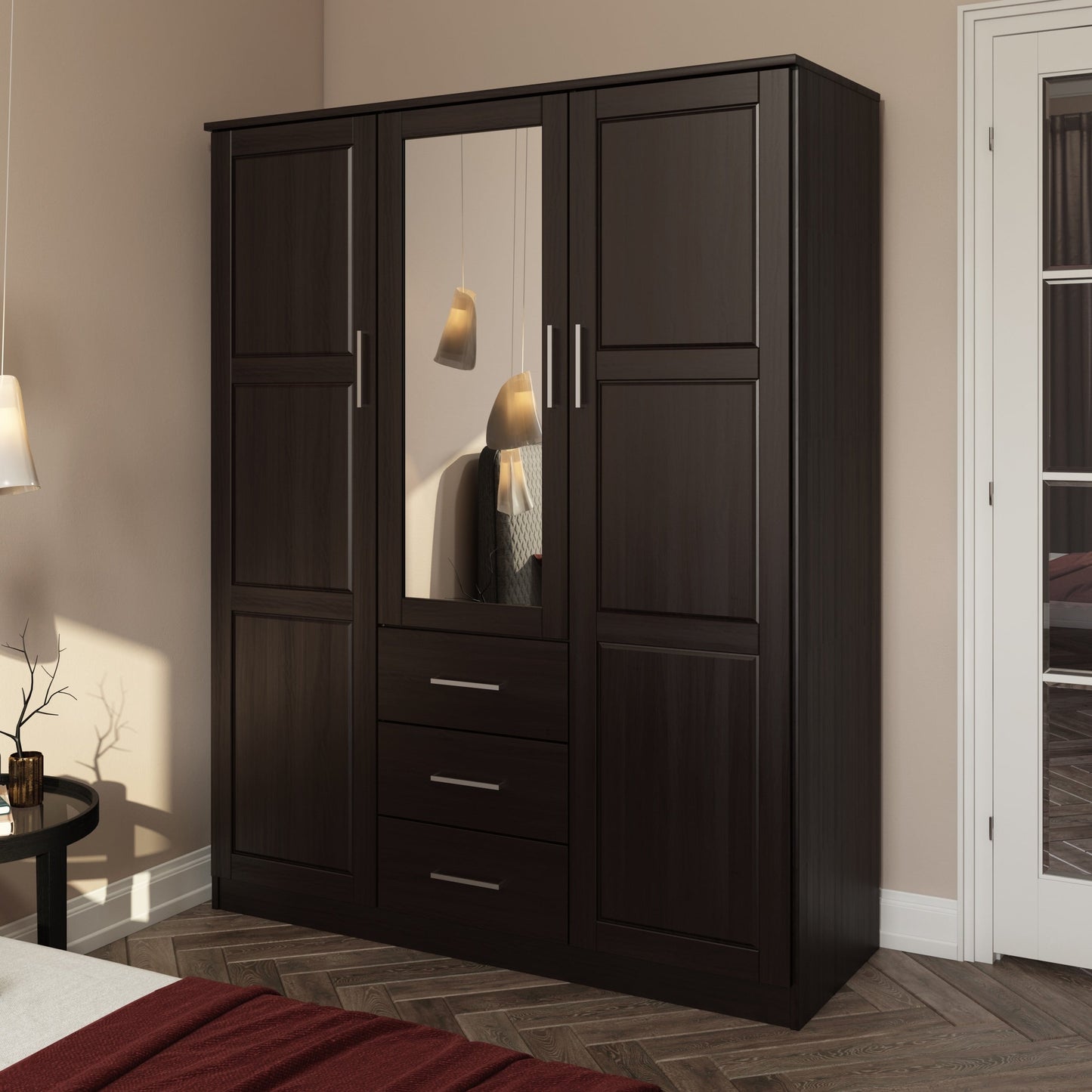 Palace Imports 100% Solid Wood Cosmo 3-Door Wardrobe Armoire with Solid Wood or Mirrored Doors