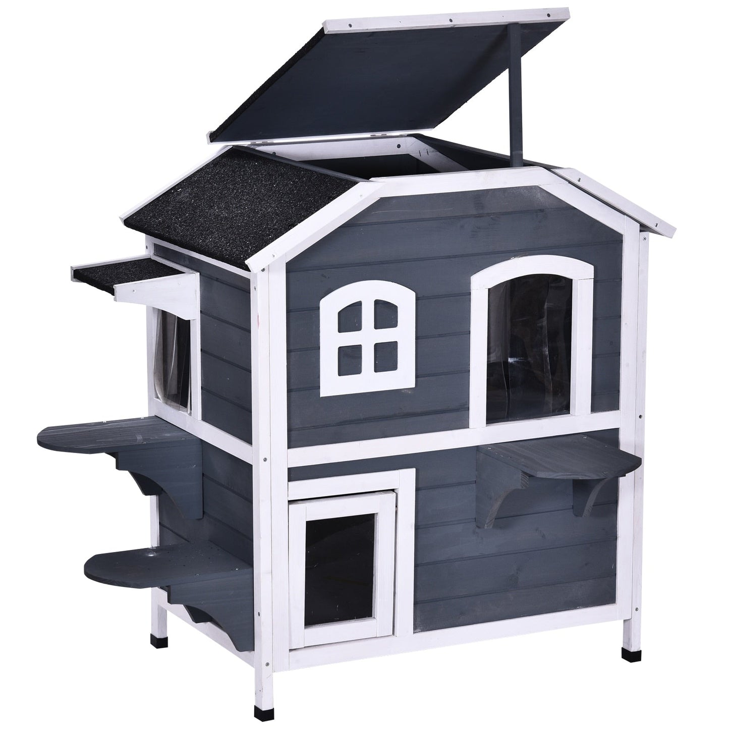 PawHut Fir Wood 2-Story Outdoor Cat House, Wooden Feral Cat Shelter with Openable Asphalt Roof for Indoor/Outdoor, White / Grey