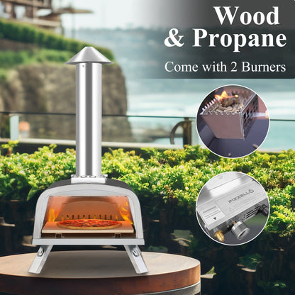 Multi-Fuel Outdoor Pizza Oven Stonebaked Pizza Maker with Gas Burner & Wood Box - 12 inch