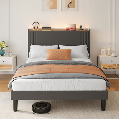 Queen/ Full Vertical Channels Upholstered Bed with Wingback Headboard