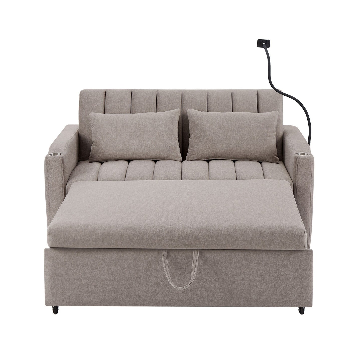 Roomfitters Convertible Loveseat Sofa Bed with USB Ports, Side Pockets, Cup Holders, and Swivel Phone Holder for Living Room