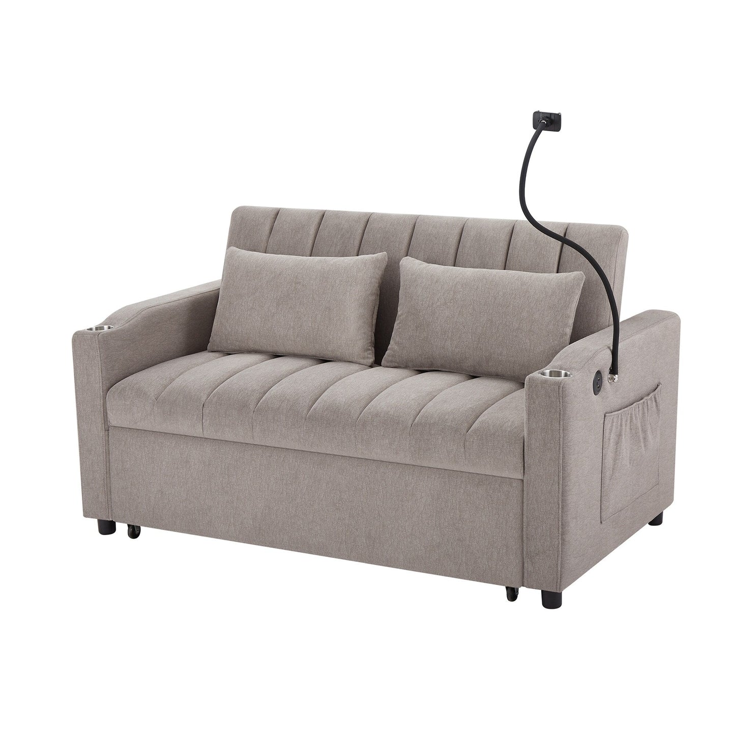 Roomfitters Convertible Loveseat Sofa Bed with USB Ports, Side Pockets, Cup Holders, and Swivel Phone Holder for Living Room