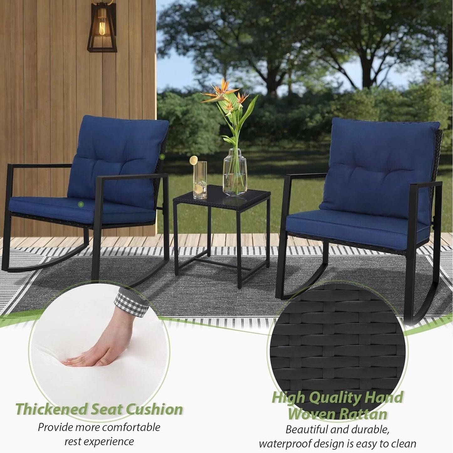 SUNCROWN 3-Piece Black Metal Outdoor Patio Rocking Bistro Set