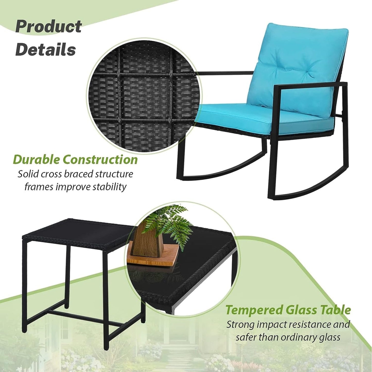 SUNCROWN 3-Piece Black Metal Outdoor Patio Rocking Bistro Set
