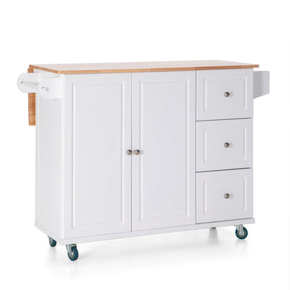 Sophia & William Kitchen Island Cart with Drop-Leaf and Rubber Wood Top, Rolling Kitchen Trolley Cart with Large Storage Cabinet