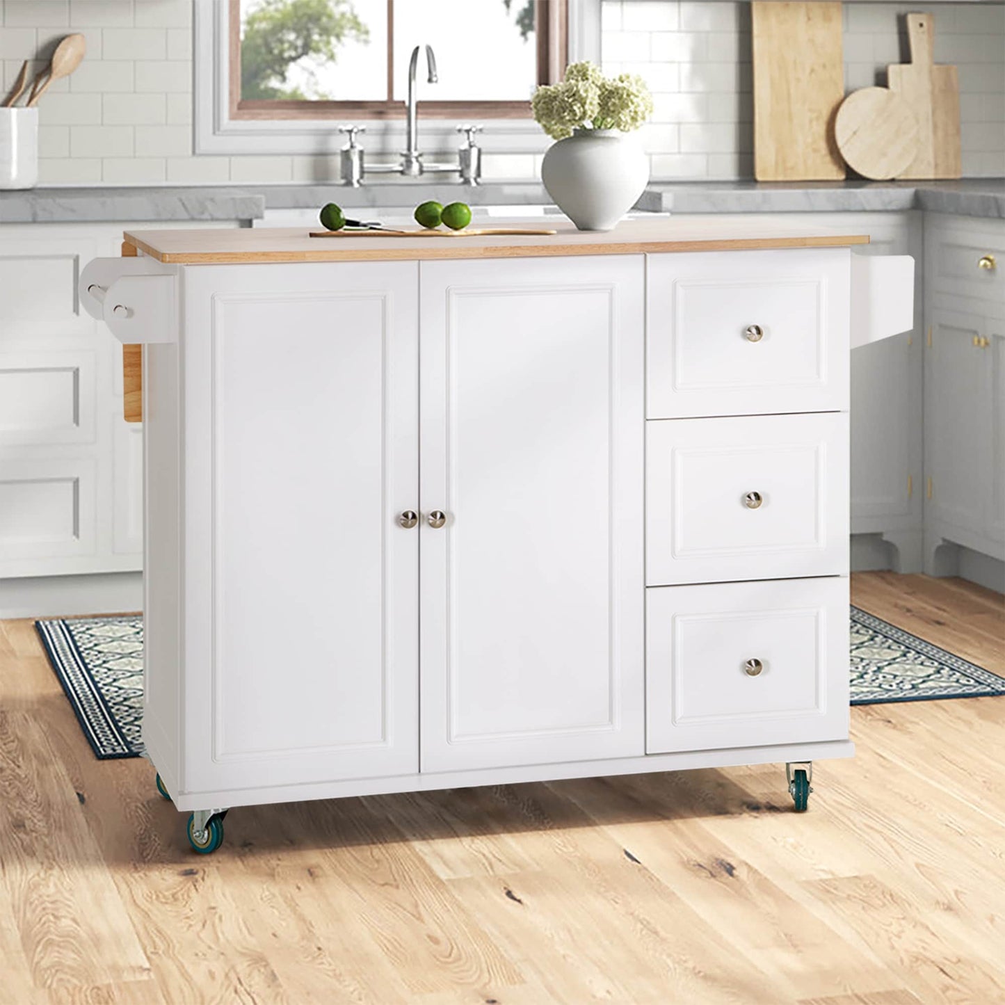 Sophia & William Kitchen Island Cart with Drop-Leaf and Rubber Wood Top, Rolling Kitchen Trolley Cart with Large Storage Cabinet