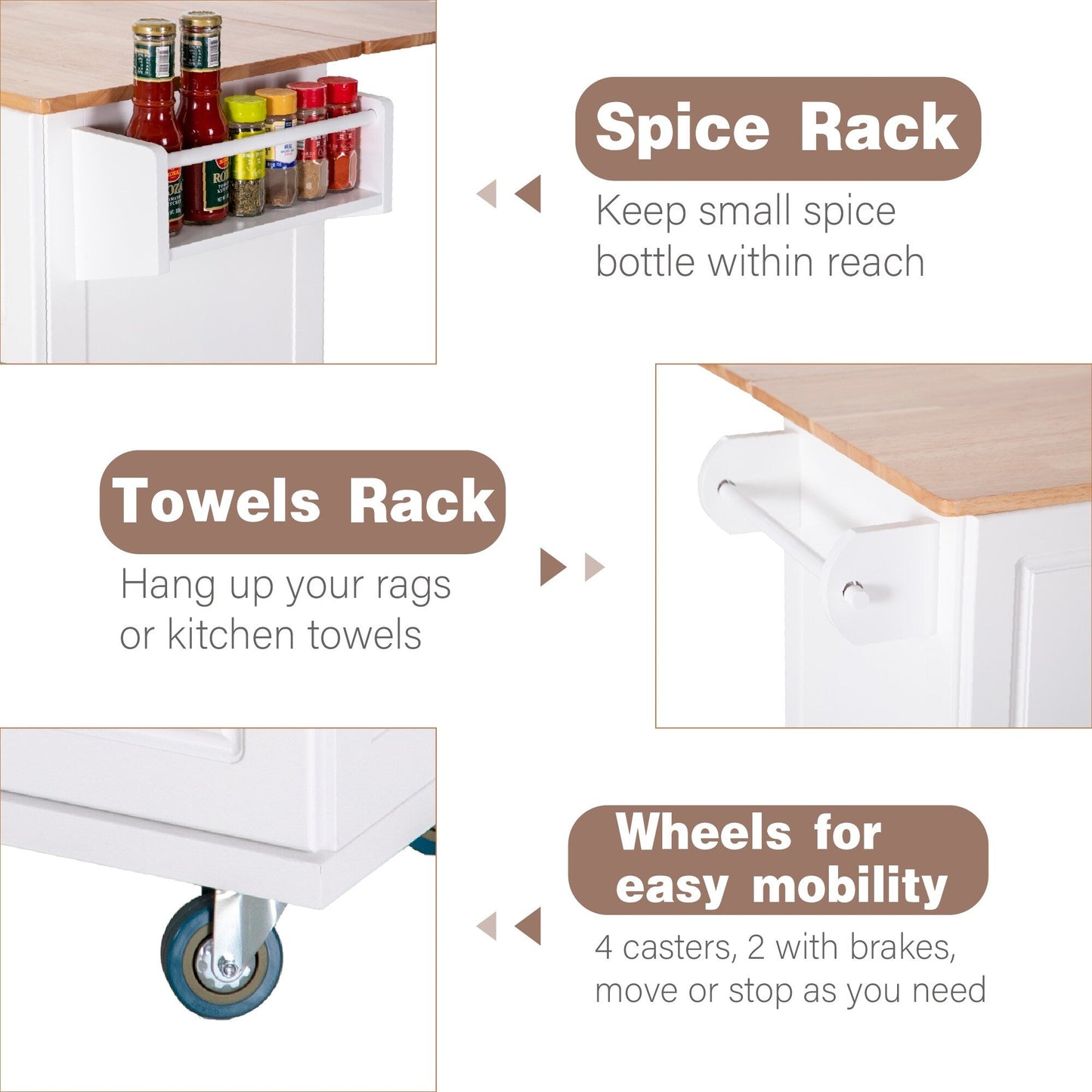 Sophia & William Kitchen Island Cart with Drop-Leaf and Rubber Wood Top, Rolling Kitchen Trolley Cart with Large Storage Cabinet