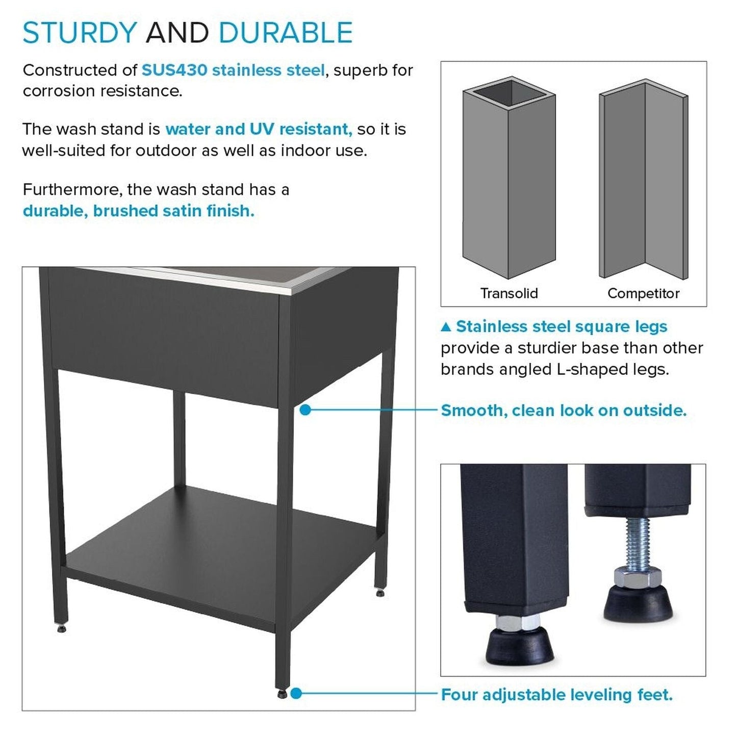 Transolid EWS-2422S 24-in W x 22-in D x 35-in H Stainless Steel Laundry Sink and Wash Stand - 24-in x 22-in