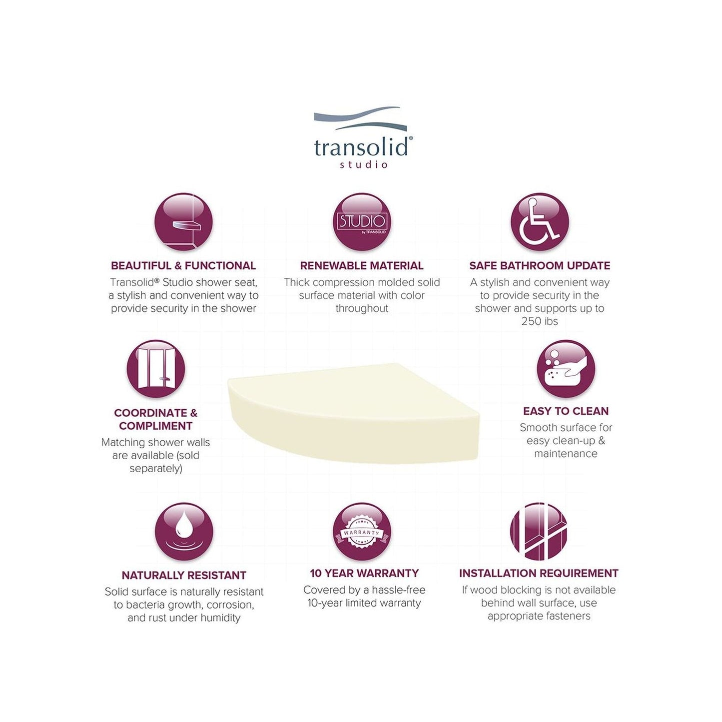 Transolid Studio 14-In X 14-In Solid Surface Wall-Mount Corner Shower Seat - 14.5 x 14.25 x 3