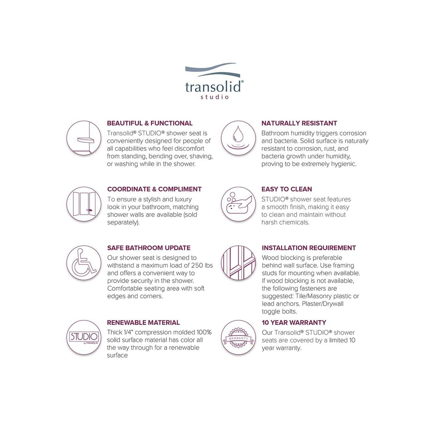 Transolid Studio 14-In X 14-In Solid Surface Wall-Mount Corner Shower Seat - 14.5 x 14.25 x 3