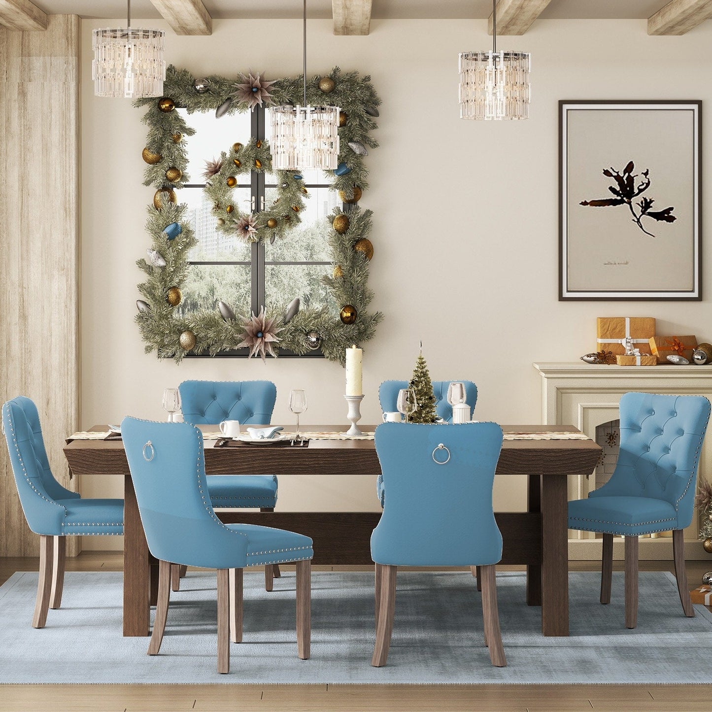 Upholstered Tufted Velvet Dining Chair with Solid Wood Legs Set of 6